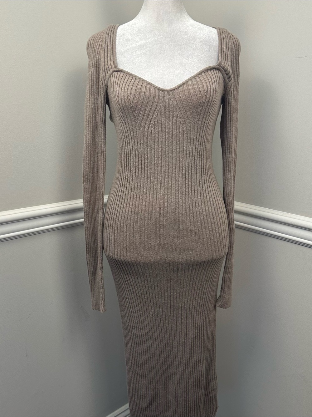 GAP brown Ribbed Sweetheart Neck Long Sleeve Dress XS NWTS